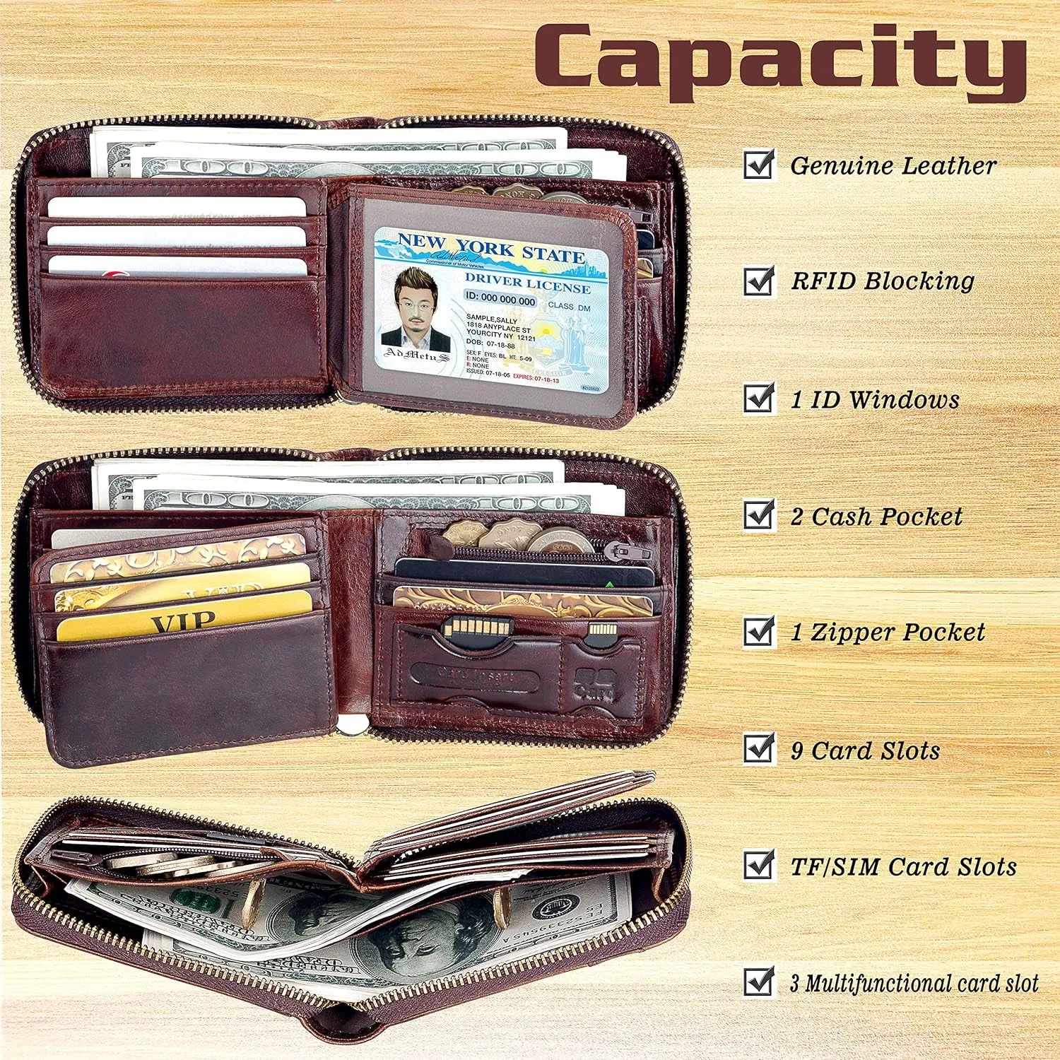 Zipper Leather Wallet for Men Bifold RFID Blocking Card Holder