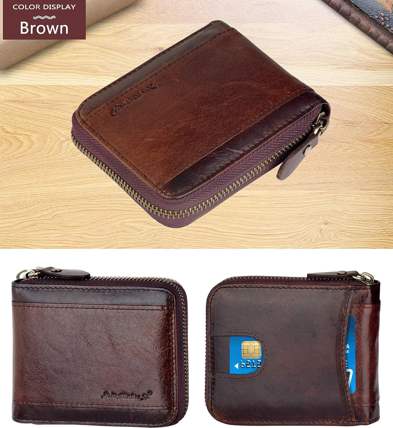 Zipper Leather Wallet for Men Bifold RFID Blocking Card Holder