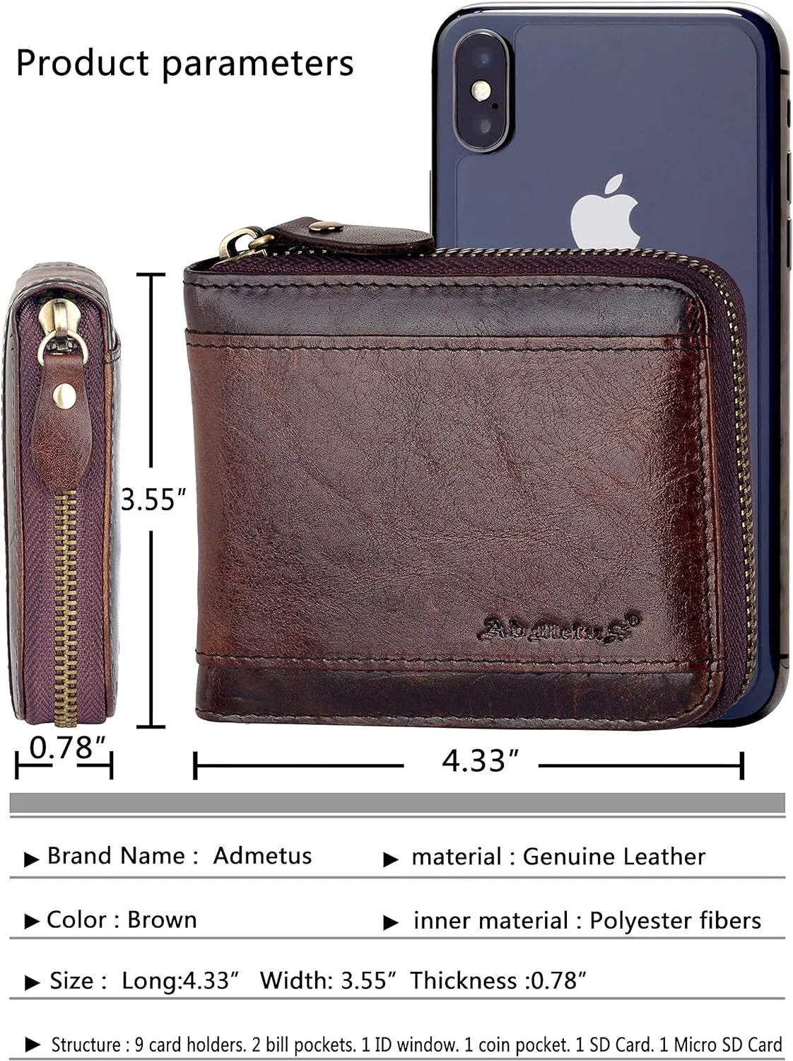 Zipper Leather Wallet for Men Bifold RFID Blocking Card Holder