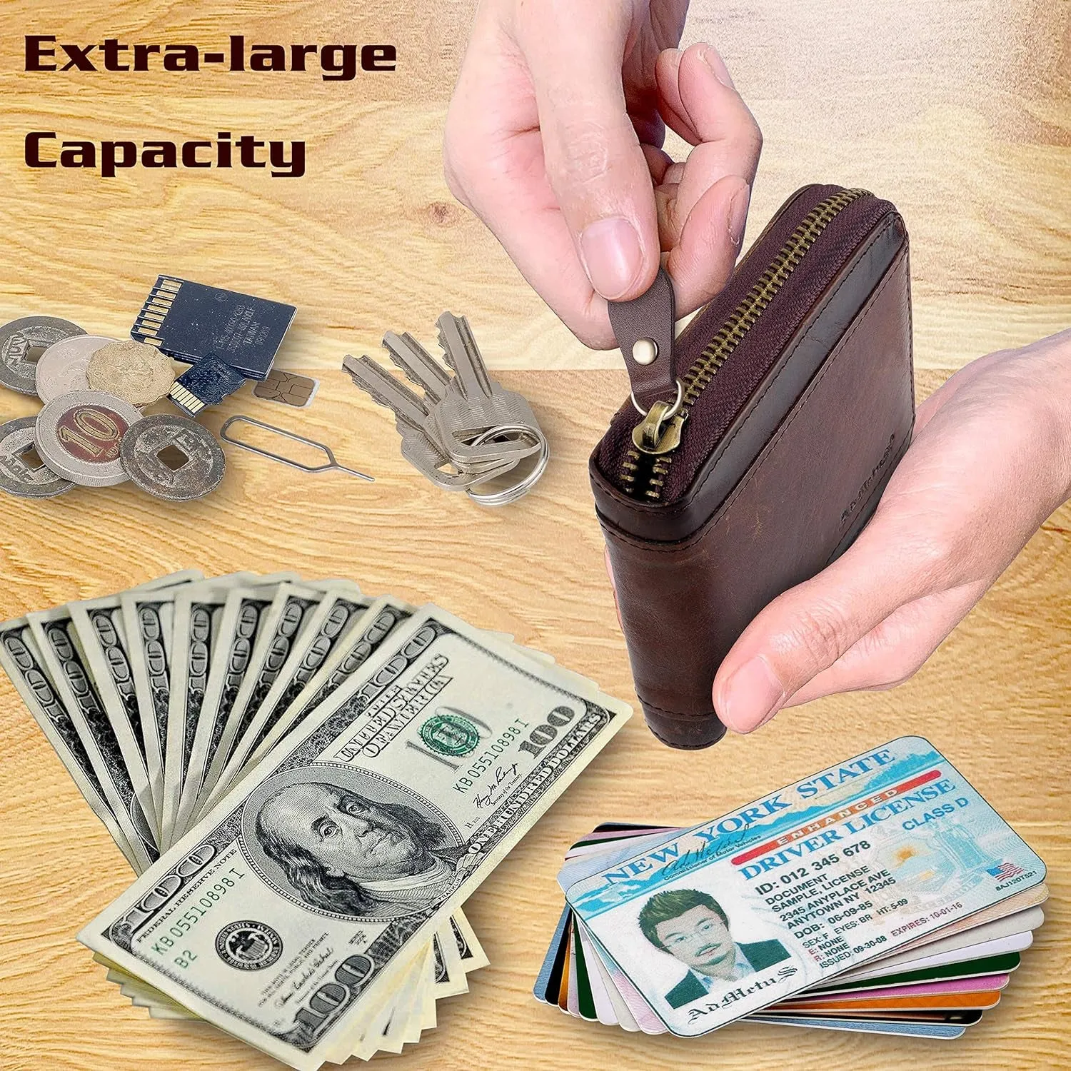 Zipper Leather Wallet for Men Bifold RFID Blocking Card Holder